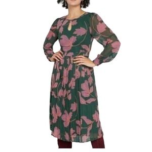 Modcloth Dark Green Long-Sleeve Floral Midi Dress with Pink and Rust Botanicals